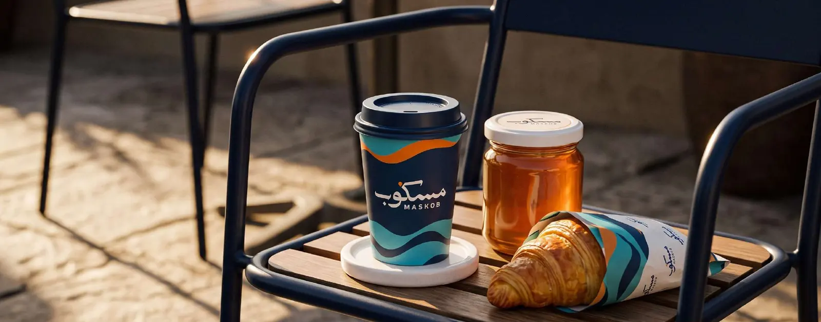 Maskob cup, honey jar and croissant wrap on a café chair