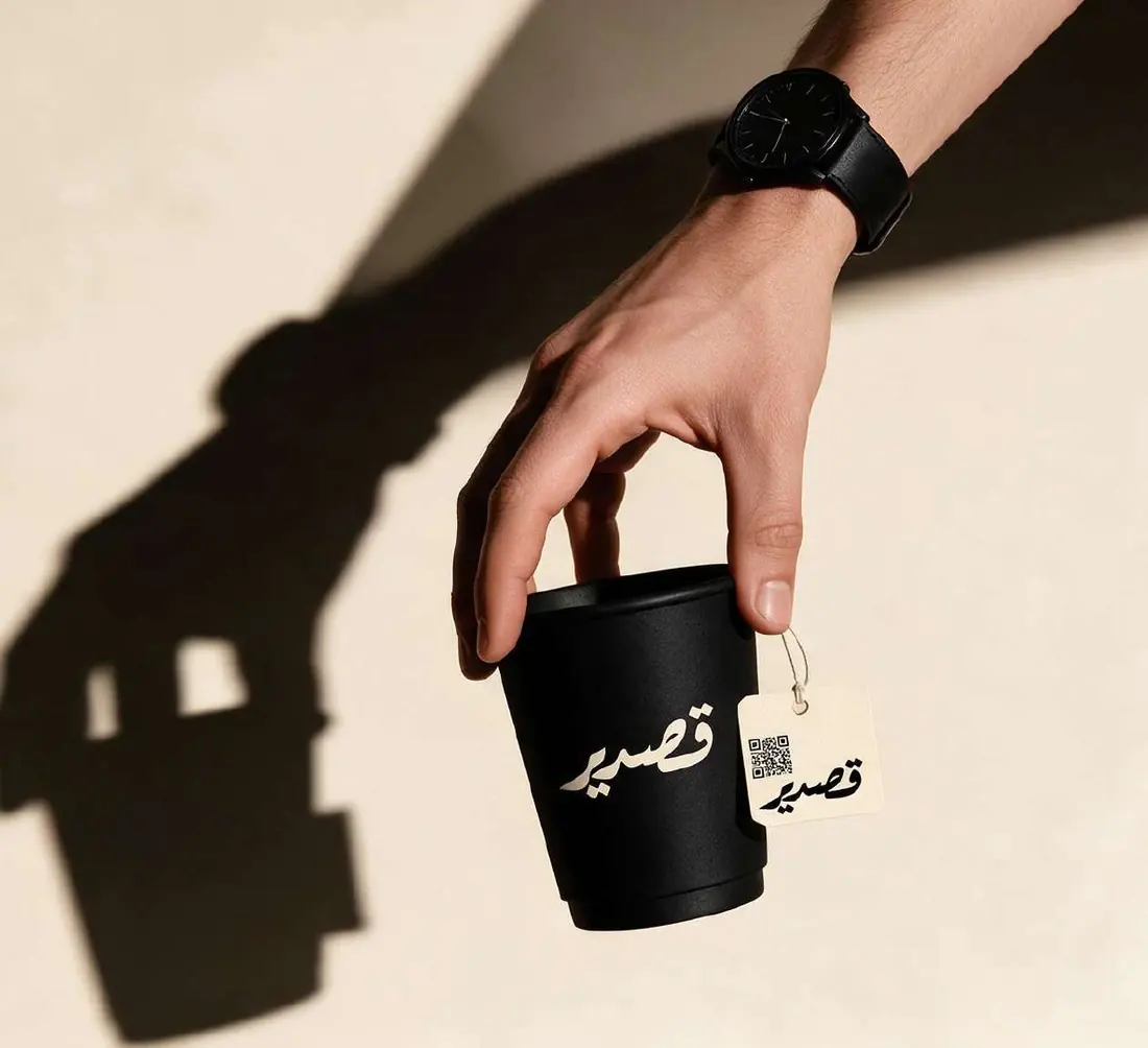 Hand holding a black Qasdir cup